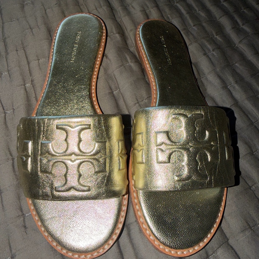 Tory Burch Metallic Gold Logo Slide Sandals